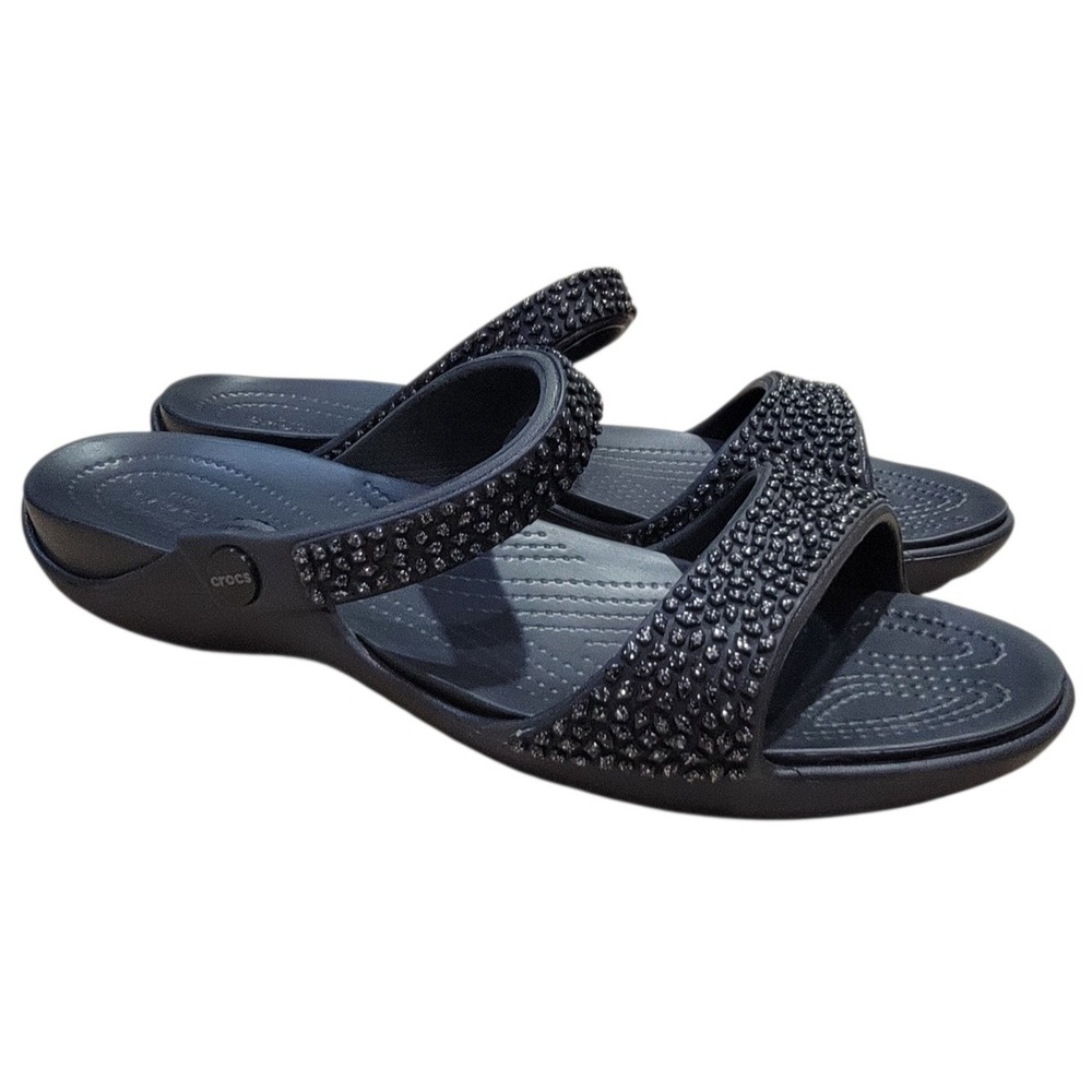 Crocs Cleo V Diamante Women's Black Sandals Size‎ 11 Comfort Strappy Slides